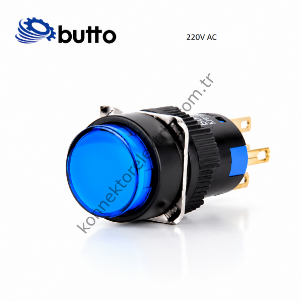 BUTTO K16-170-BA2 K Serisi 16mm Yuvarlak Plastik Gövde Mavi Sinyal Lambası 2 Pin