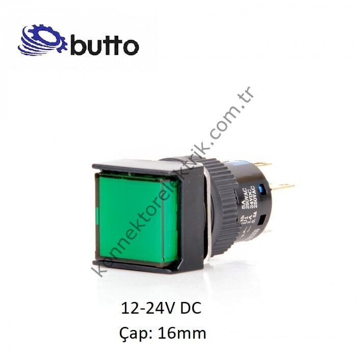 BUTTO K16-180-GD Kare Plastik Gövde Yeşil Sinyal Lambası 16mm 2pin 12-24V DC