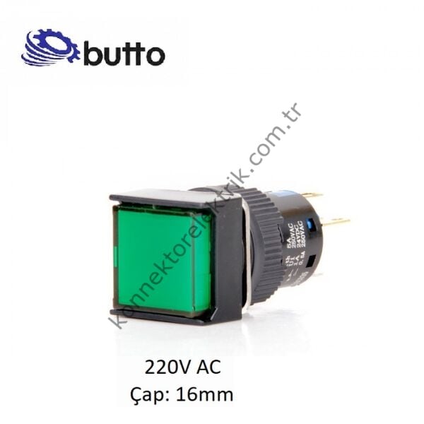 BUTTO K16-170-GA2 Kare Plastik Gövde Yeşil Sinyal Lambası 16mm 2pin 220V AC
