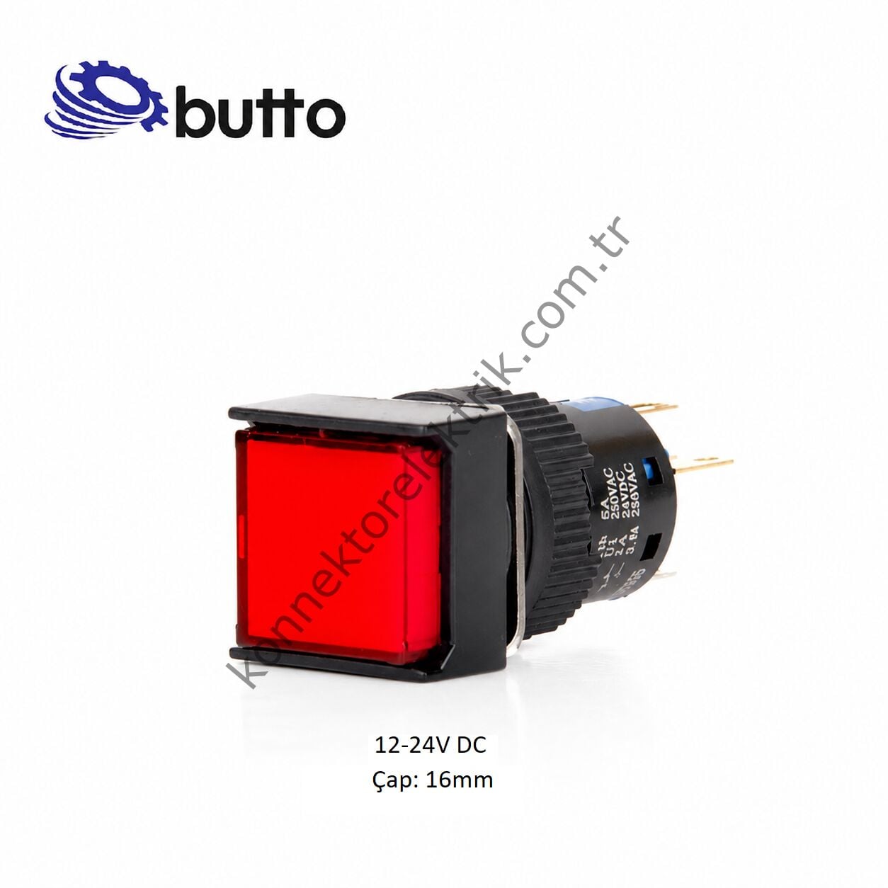 BUTTO K16-170-RD Kare Plastik Gövde Kırmızı Sinyal Lambası 16mm 2pin 12-24V DC