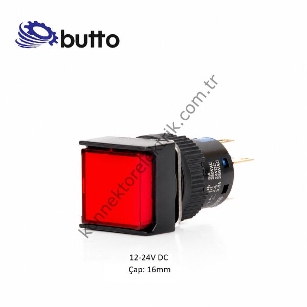 BUTTO K16-170-RD Kare Plastik Gövde Kırmızı Sinyal Lambası 16mm 2pin 12-24V DC