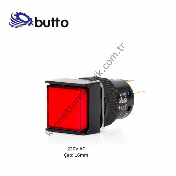 BUTTO K16-170-RA2 Kare Plastik Gövde Kırmızı Sinyal Lambası 16mm 2pin 220V AC