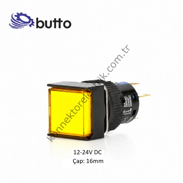 BUTTO K16-170-YD Kare Plastik Gövde Sarı Sinyal Lambası 16mm 2pin 12-24V DC