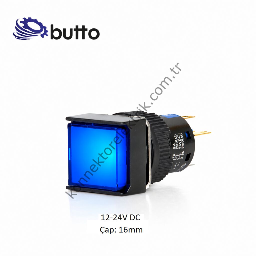 BUTTO K16-170-BD Kare Plastik Gövde Mavi Sinyal Lambası 16mm 2pin 12-24V DC