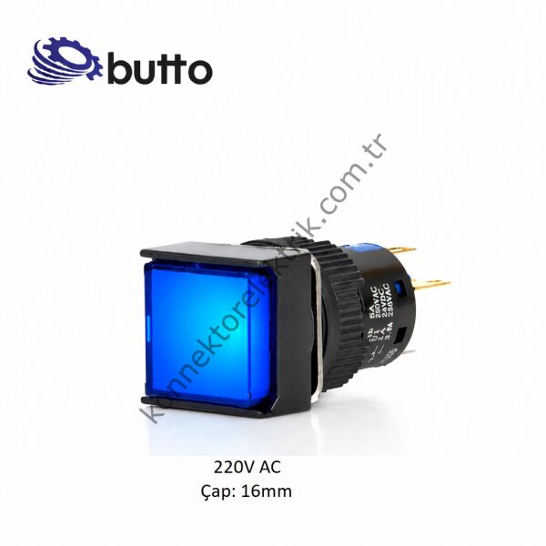 BUTTO K16-170-BA2 Kare Plastik Gövde Mavi Sinyal Lambası 16mm 2pin 220V AC