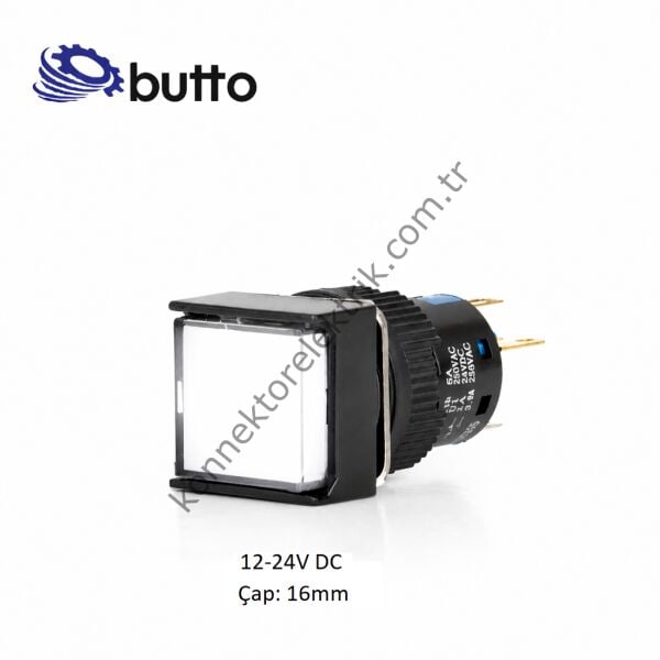 BUTTO K16-170-WD Kare Plastik Gövde Beyaz Sinyal Lambası 16mm 2pin 12-24V DC