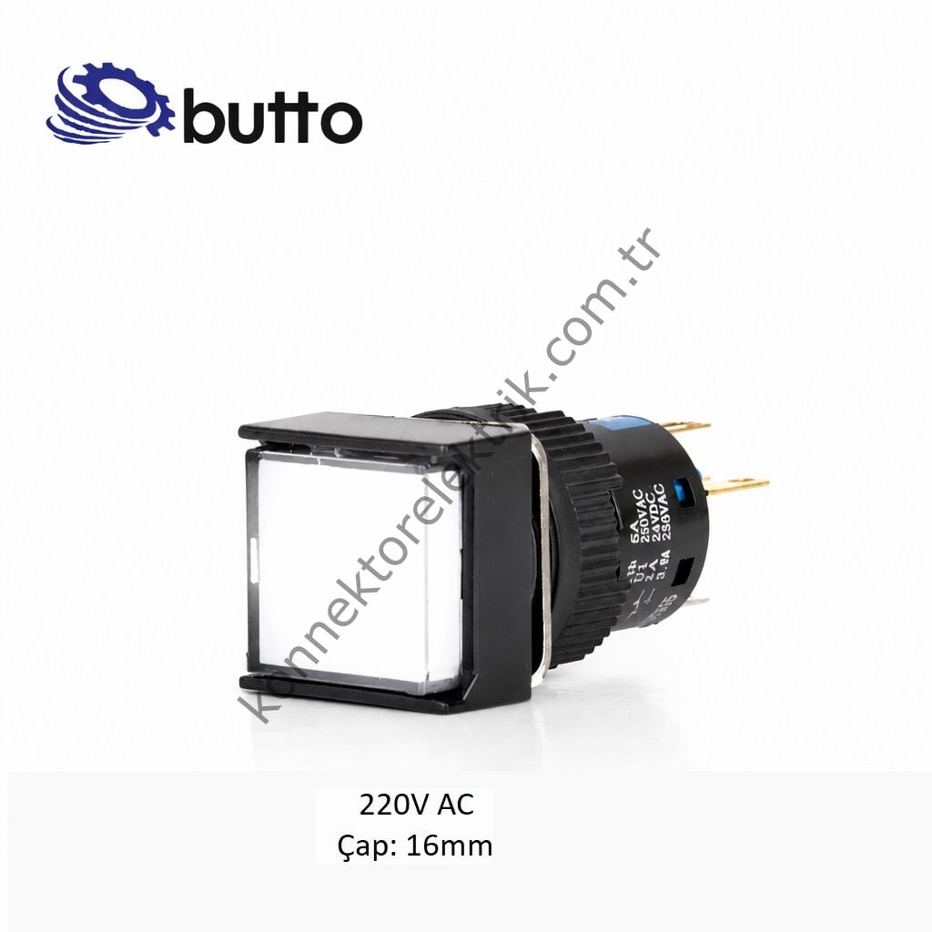 BUTTO K16-170-WA2 Kare Plastik Gövde Beyaz Sinyal Lambası 16mm 2pin 220V AC