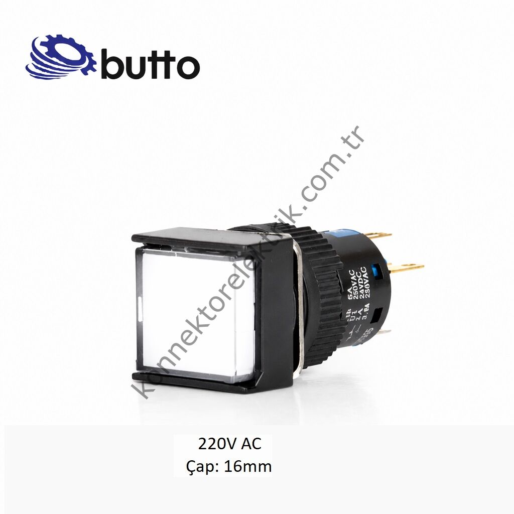 BUTTO K16-170-WA2 Kare Plastik Gövde Beyaz Sinyal Lambası 16mm 2pin 220V AC