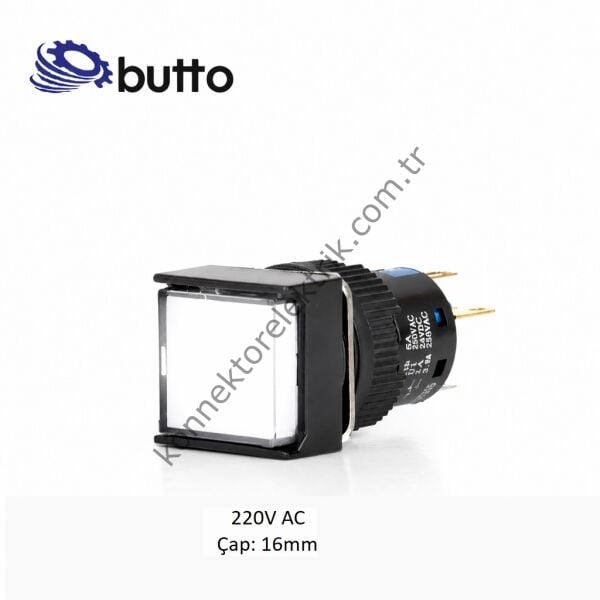 BUTTO K16-170-WA2 Kare Plastik Gövde Beyaz Sinyal Lambası 16mm 2pin 220V AC