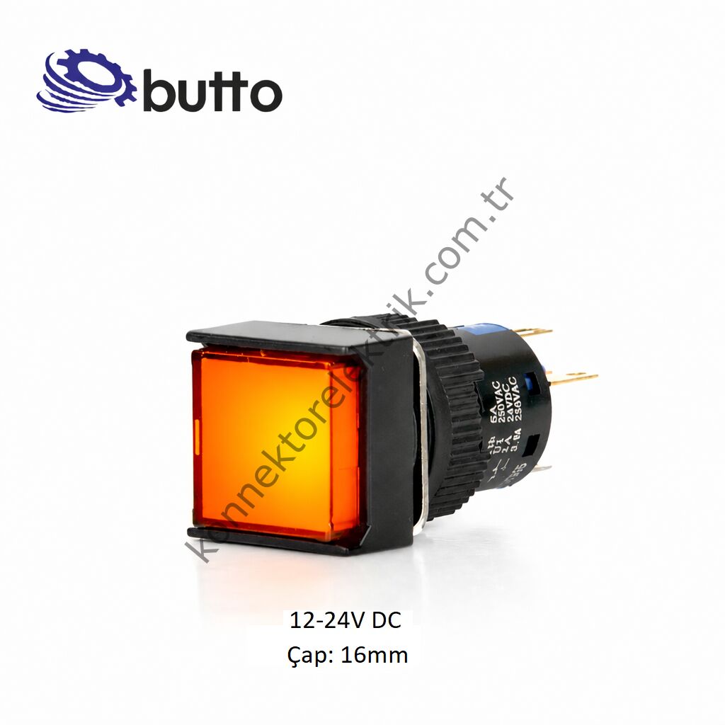 BUTTO K16-170-OD Kare Plastik Gövde Turuncu Sinyal Lambası 16mm 2pin 12-24V DC