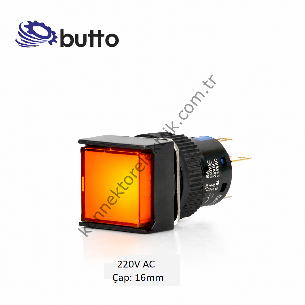 BUTTO K16-170-OA2 Kare Plastik Gövde Turuncu Sinyal Lambası 16mm 2pin 220V AC