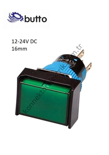 BUTTO K16-190-GD Dikdörtgen Plastik Gövde Yeşil Sinyal Lambası 16mm 2pin 12-24V DC