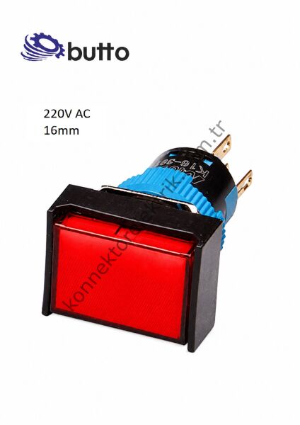BUTTO K16-190-RA2 Dikdörtgen Plastik Gövde Kırmızı Sinyal Lambası 16mm 2pin 220V AC