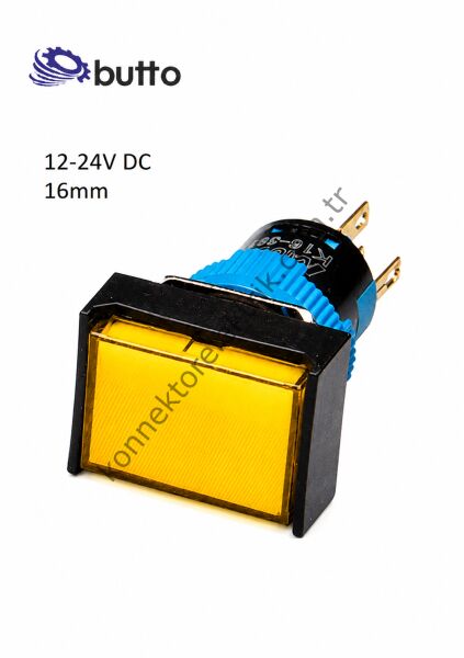 BUTTO K16-190-YD Dikdörtgen Plastik Gövde Sarı Sinyal Lambası 16mm 2pin 12-24V DC