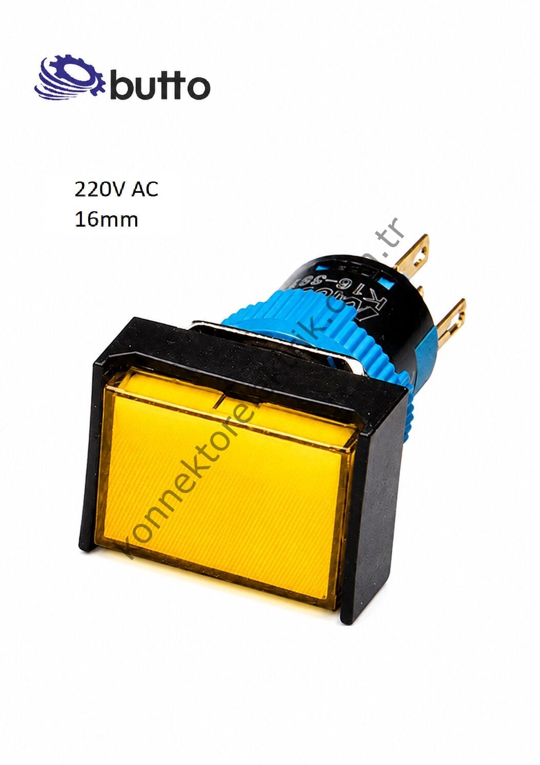 BUTTO K16-190-YA2 Dikdörtgen Plastik Gövde Sarı Sinyal Lambası 16mm 2pin 220V AC