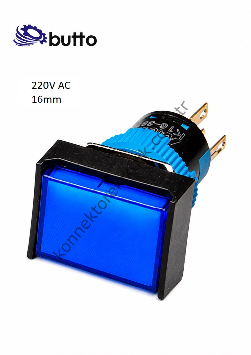 BUTTO K16-190-BA2 Dikdörtgen Plastik Gövde Mavi Sinyal Lambası 16mm 2pin 220V AC
