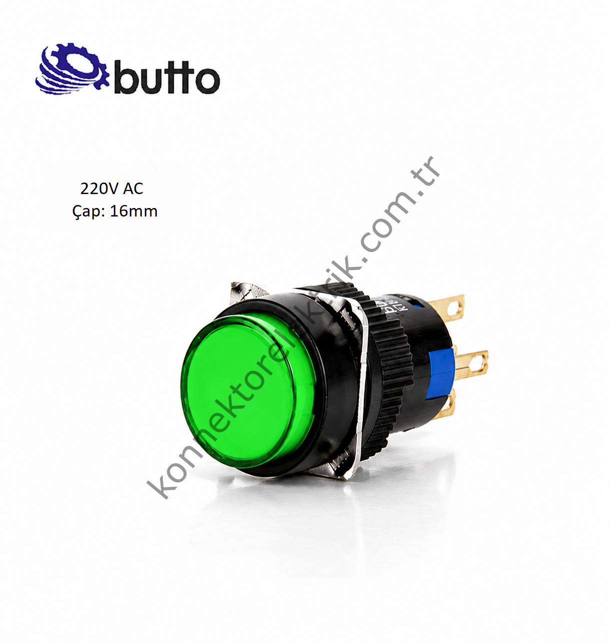 BUTTO K16-271-GA2 Yuvarlak Plastik Gövde Yaylı Buton Yeşil 16mm 1NO-1NC 5Pin 220V AC