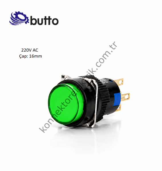 BUTTO K16-271-GA2 Yuvarlak Plastik Gövde Yaylı Buton Yeşil 16mm 1NO-1NC 5Pin 220V AC