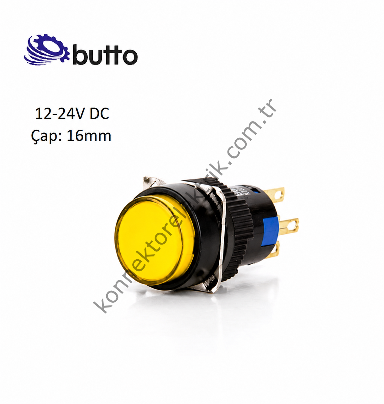 BUTTO K16-271-YD  Yuvarlak Plastik Gövde Yaylı Buton Sarı 16mm 1NO-1NC 5Pin 12-24V DC