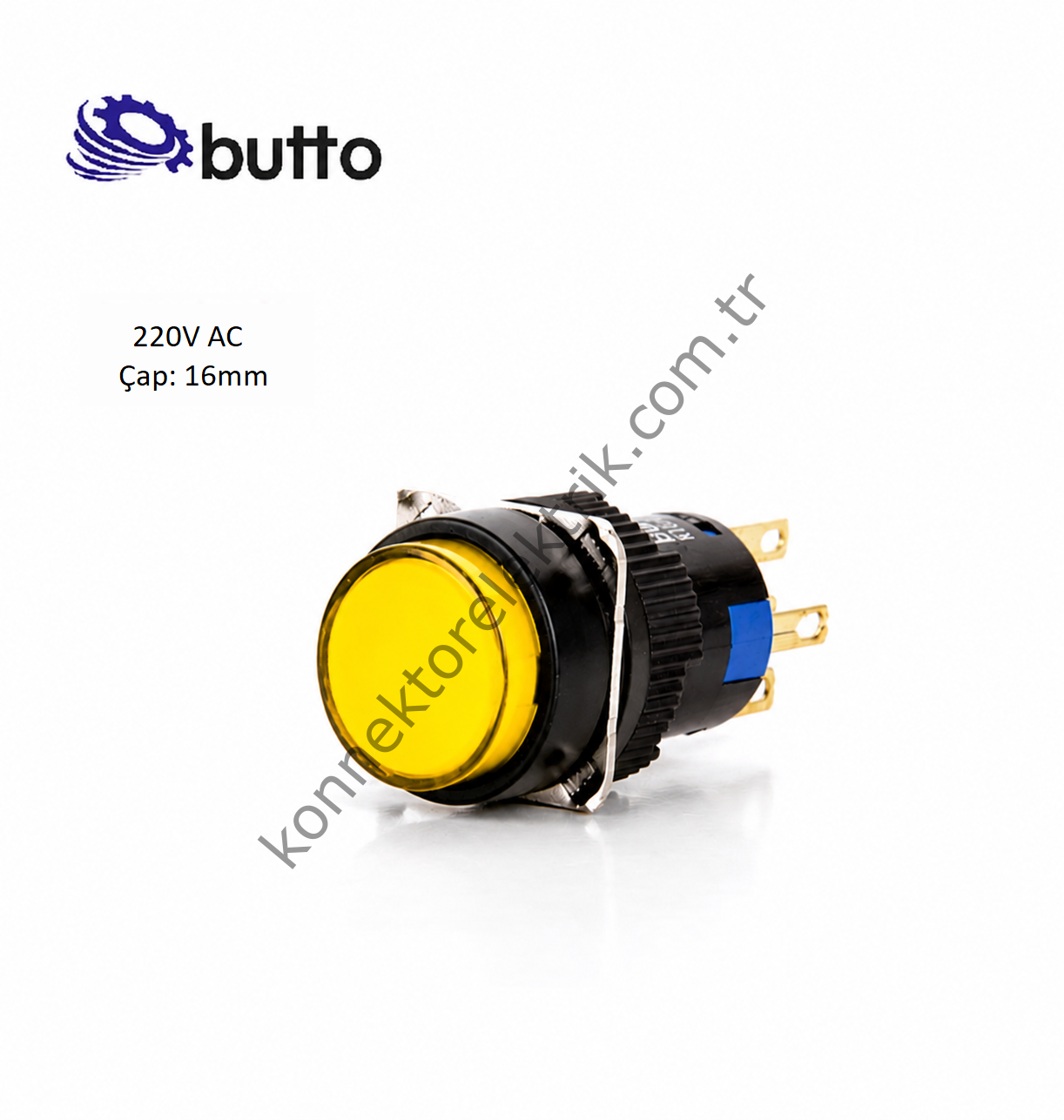 BUTTO K16-271-YA2  Yuvarlak Plastik Gövde Yaylı Buton Sarı 16mm 1NO-1NC 5Pin 220V AC
