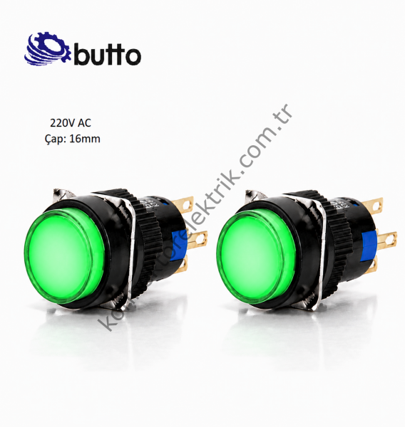 BUTTO K16-272-GA2  Yuvarlak Plastik Gövde Yaylı Buton Yeşil 16mm 2NO-2NC 8Pin 220V AC