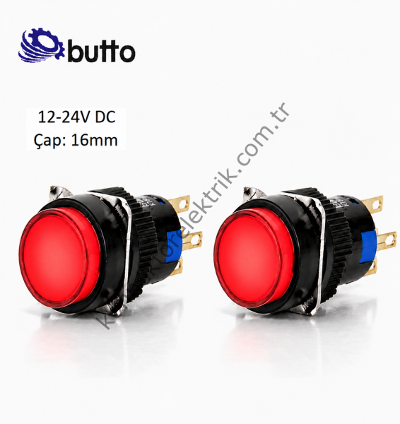 BUTTO K16-272-RD  Yuvarlak Plastik Gövde Yaylı Buton Kırmızı 16mm 2NO-2NC 8Pin 12-24V DC