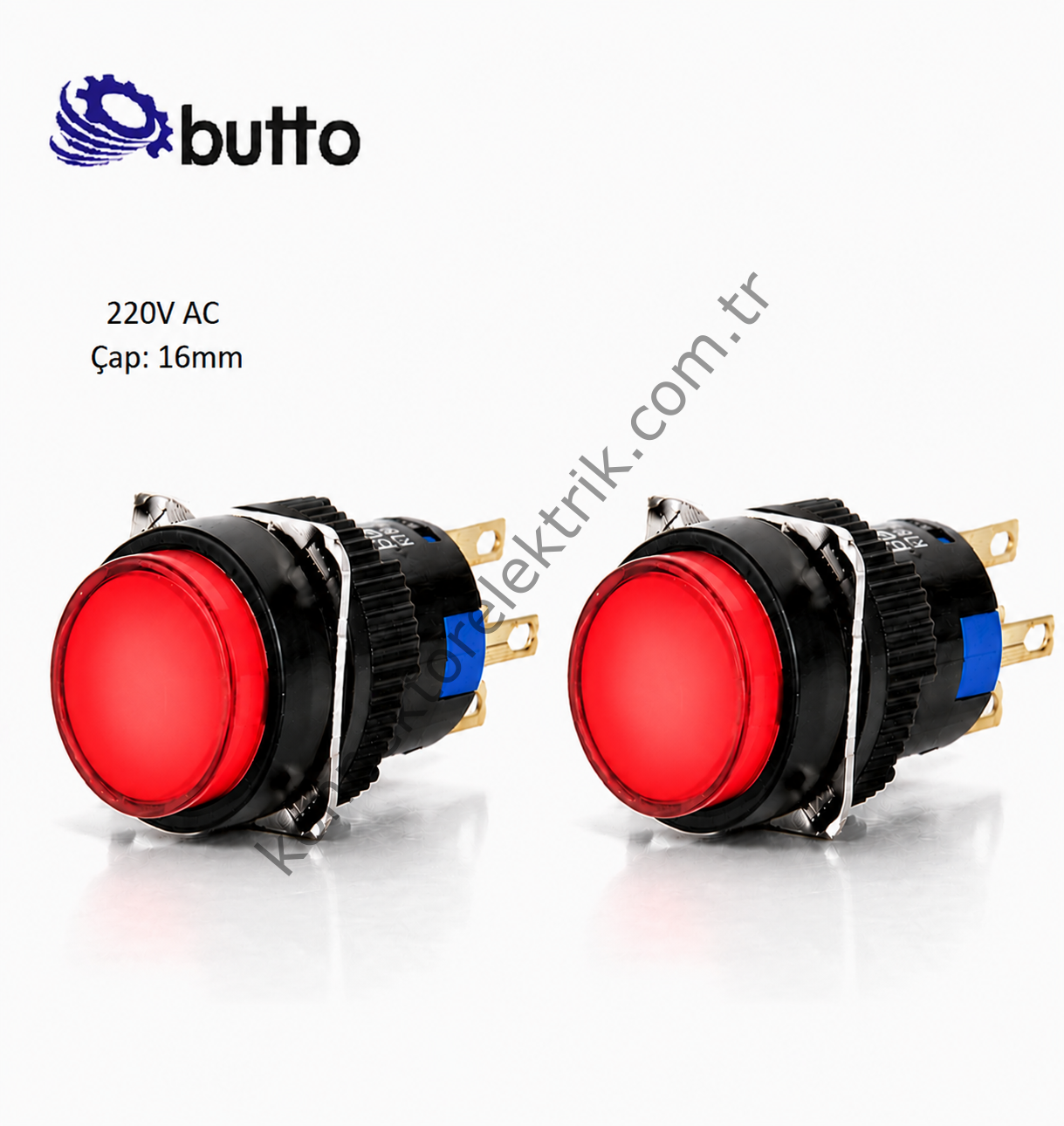 BUTTO K16-272-RA2  Yuvarlak Plastik Gövde Yaylı Buton Kırmızı 16mm 2NO-2NC 8Pin 220V AC