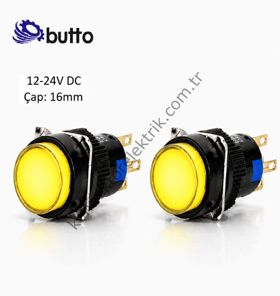 BUTTO K16-272-YD  Yuvarlak Plastik Gövde Yaylı Buton Sarı 16mm 2NO-2NC 8Pin  12-24V DC