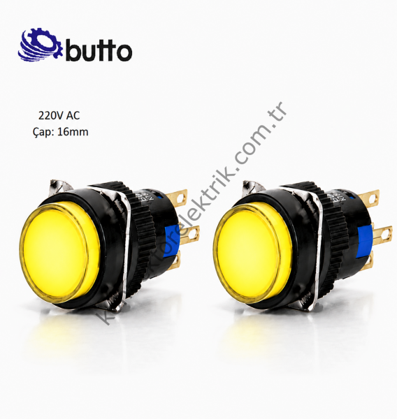 BUTTO K16-272-YA2  Yuvarlak Plastik Gövde Yaylı Buton Sarı 16mm 2NO-2NC 8Pin  220V AC