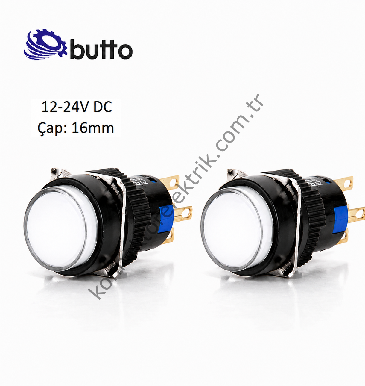 BUTTO K16-272-WD  Yuvarlak Plastik Gövde Yaylı Buton Beyaz 16mm 2NO-2NC 8Pin  12-24V DC