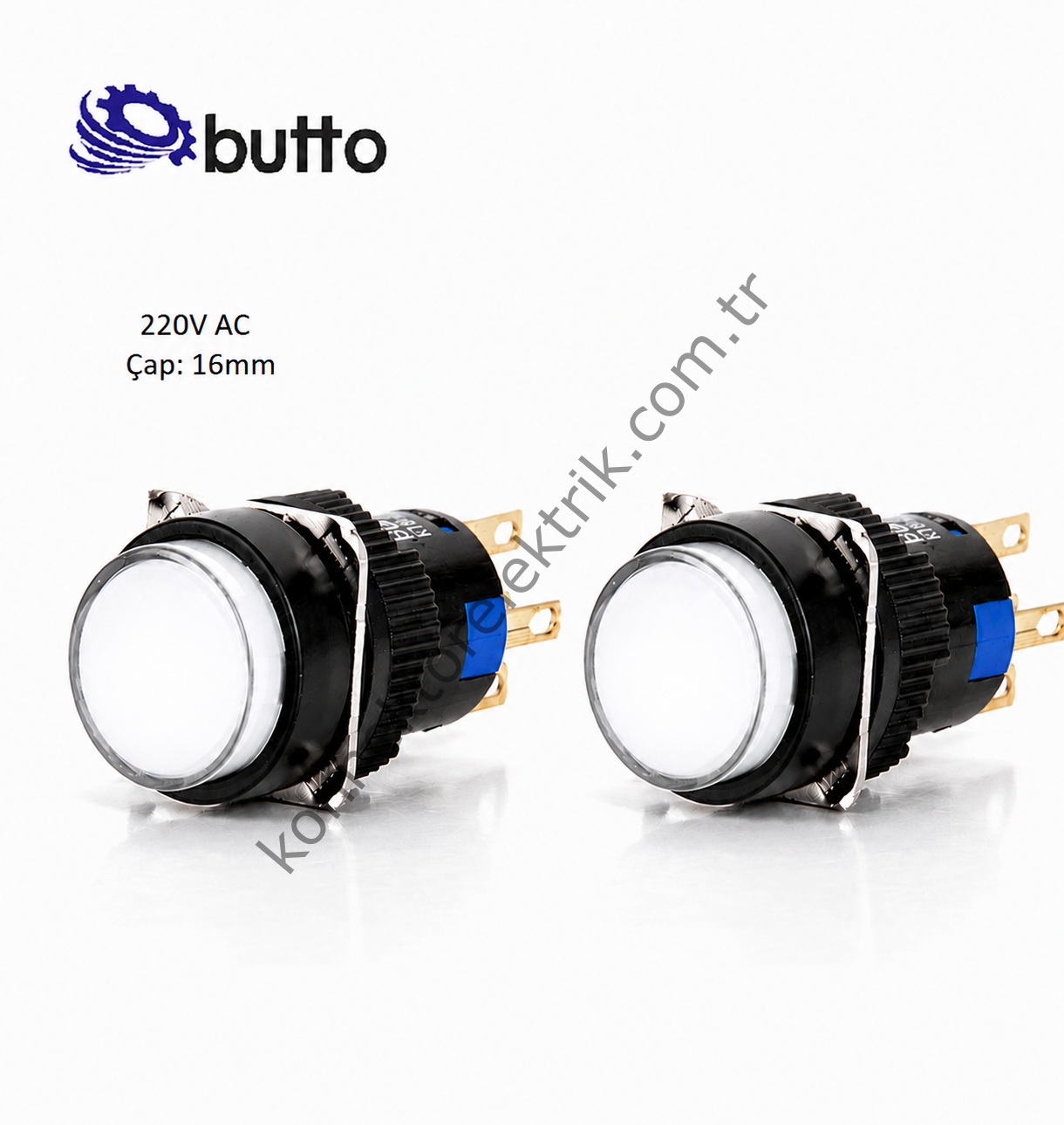 BUTTO K16-272-WA2  Yuvarlak Plastik Gövde Yaylı Buton Beyaz 16mm 2NO-2NC 8Pin  220V AC