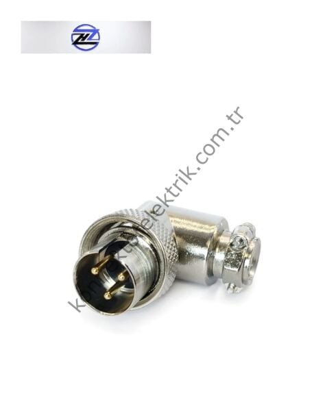 HZ CONNECTORS GX16 16MF-3D 3 Pin Metal Kasa 90° Açılı Kablo Tipi Erkek Mike (Mayk) Konnektör