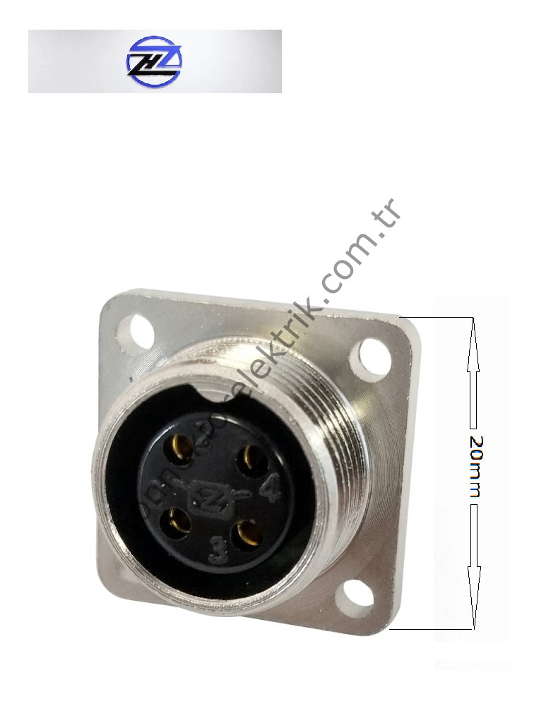 HZ CONNECTORS GX16 16MF-4H Kare Flanş 4 Pin Metal Kasa Panel Tipi Dişi Mike (Mayk) Konnektör