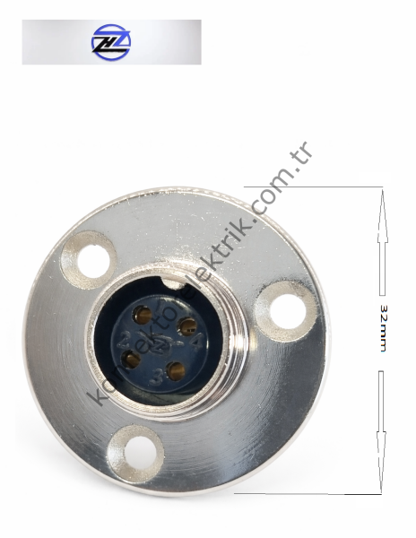 HZ CONNECTORS 16MF-4E Yuvarlak Flanşlı 4 Pinli Metal Kasa Panel Tipi Dişi Konnektör