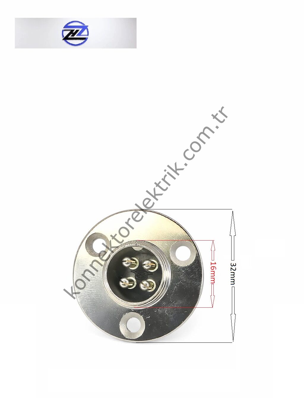 HZ CONNECTORS 16M-4E Yuvarlak Flanşlı 4 Pinli Metal Kasa Panel Tipi Erkek Konnektör