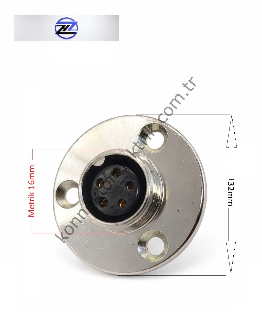HZ CONNECTORS GX16 16MF-5E Yuvarlak Flanş 5 Pin Metal Kasa Panel Tipi Dişi Mike (Mayk) Konnektör