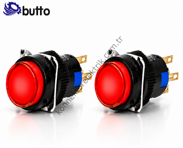 BUTTO K16-372-RD  16mm Yuvarlak Plastik Gövde Kalıcı Buton  Led Işıklı 12-24V DC