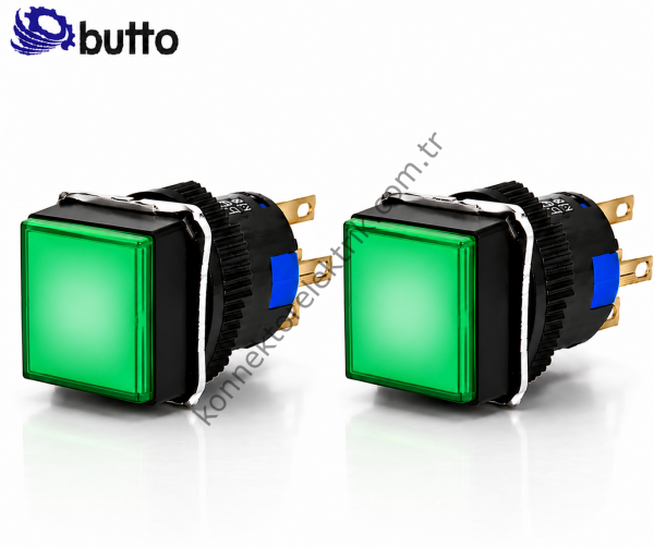 BUTTO  K16-281-GA2  16mm Kare Plastik Gövde Yaylı Buton Led Işıklı 220V AC