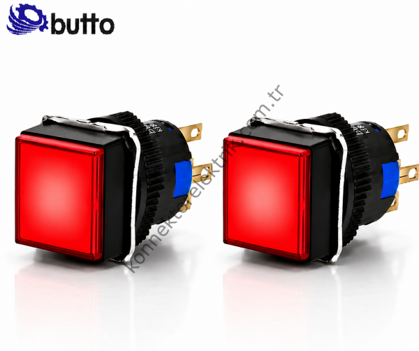 BUTTO K16-281-RD   16mm Kare Plastik Gövde Yaylı Buton Led Işıklı 12-24V DC