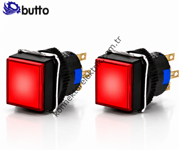 BUTTO K16-281-RA2  16mm Kare Plastik Gövde Yaylı Buton Led Işıklı 220V AC