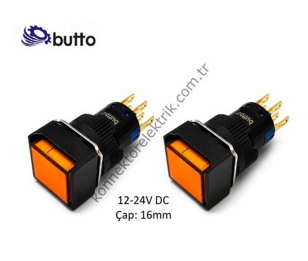BUTTO K16-281-OD  16mm Kare Plastik Gövde Yaylı Buton Led Işıklı 12-24V DC
