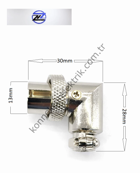 HZ CONNECTORS GX16 16MF-2D 2 Pin Metal Kasa 90° Açılı Kablo Tipi Erkek Mike (Mayk) Konnektör
