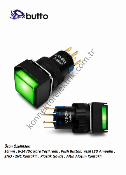 BUTTO K16-282-GD  16mm Kare Plastik Gövde Yaylı Buton Led Işıklı 12-24V DC