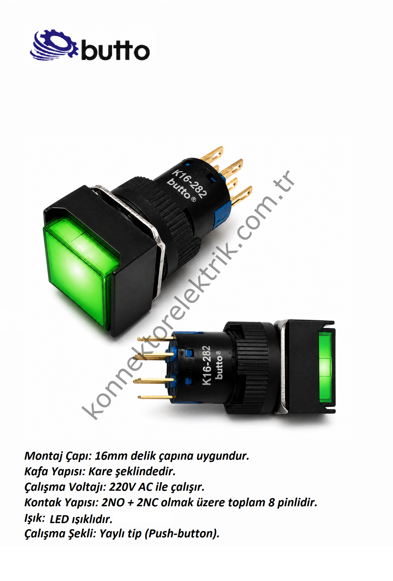 BUTTO K16-282-GA2  16mm Kare Plastik Gövde Yaylı Buton Led Işıklı 220V AC