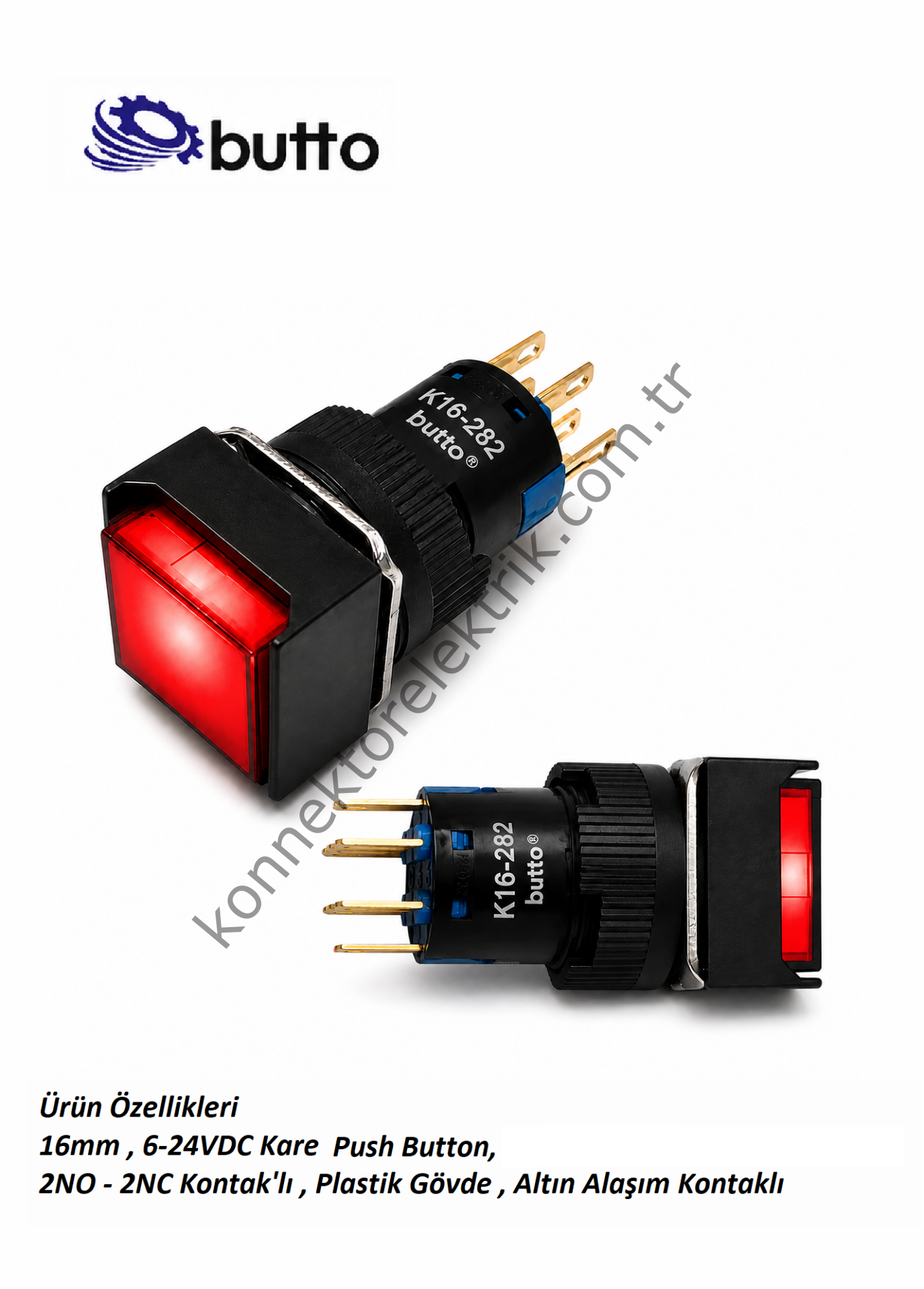 BUTTO K16-282-RD  16mm Kare Plastik Gövde Yaylı Buton Led Işıklı 12-24V DC
