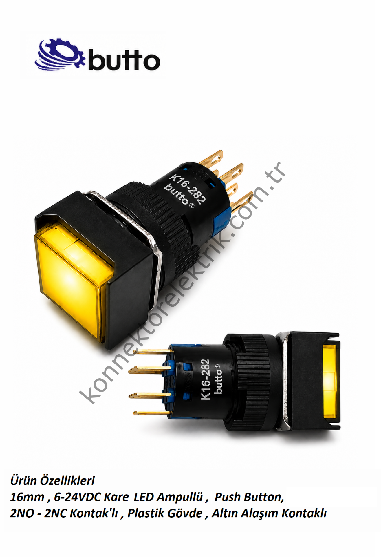 BUTTO K16-282-YD  16mm Kare Plastik Gövde Yaylı Buton Led Işıklı 12-24V DC