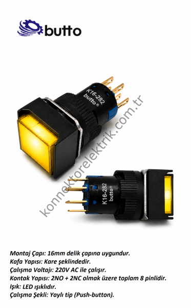 BUTTO K16-282-YA2  16mm Kare Plastik Gövde Yaylı Buton Led Işıklı 220V AC