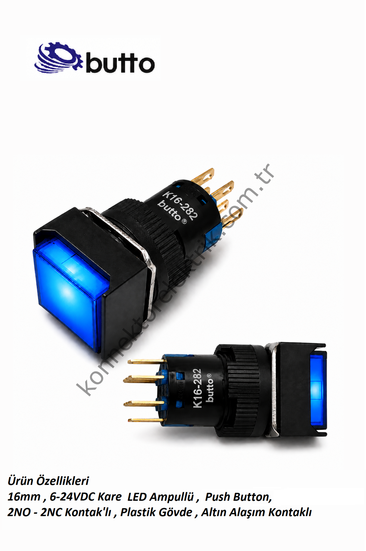 BUTTO K16-282-BD  16mm Kare Plastik Gövde Yaylı Buton Led Işıklı 12-24V DC