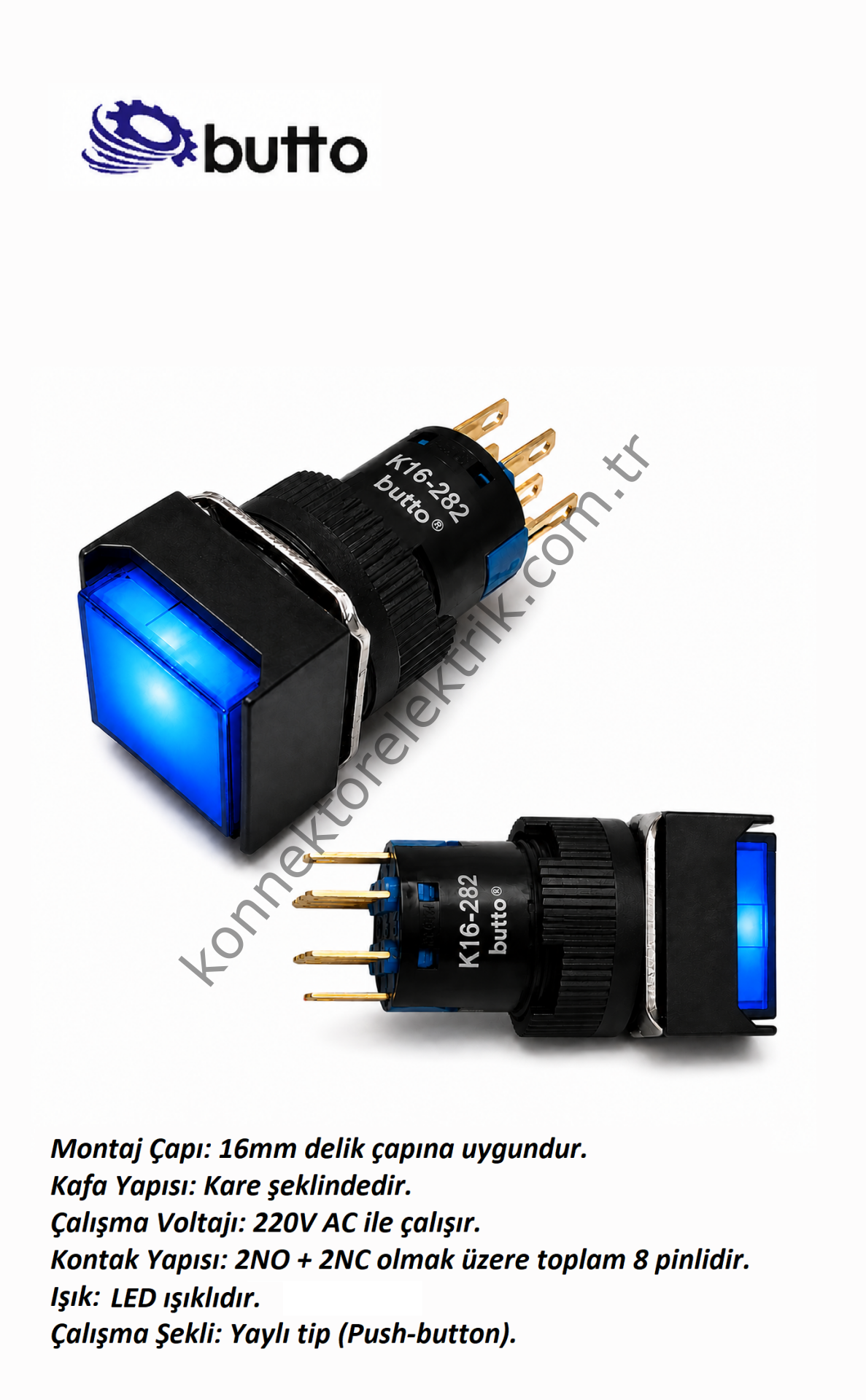 BUTTO K16-282-BA2  16mm Kare Plastik Gövde Yaylı Buton Led Işıklı 220V AC