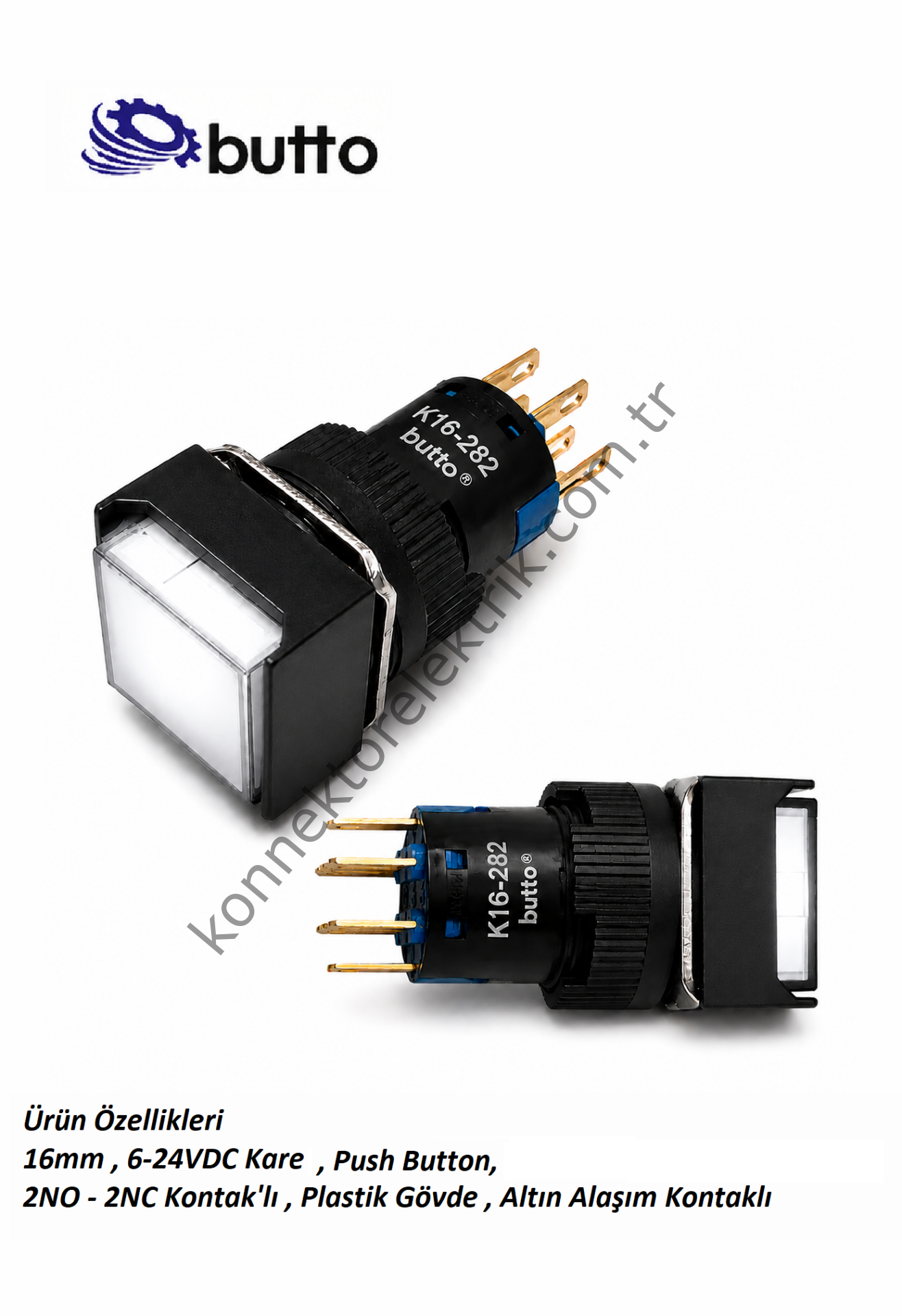 BUTTO K16-282-WD  16mm Kare Plastik Gövde Yaylı Buton Led Işıklı 12-24V DC